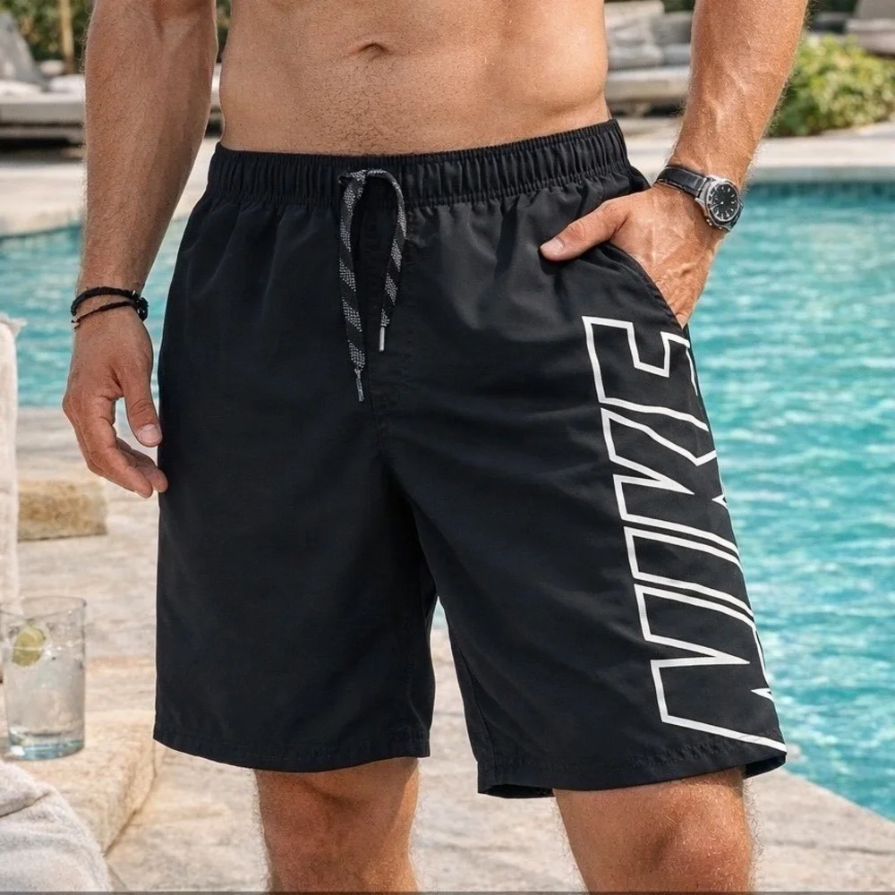 Nike Swim Trunks Black Graphic Logo Board Shorts Athletic Beach Pool Mens Sz L